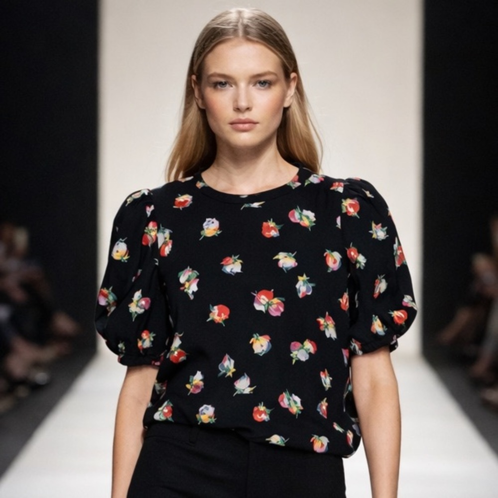 Ralph Lauren Black Floral Short Sleeve Blouse with Puffy Sleeves
